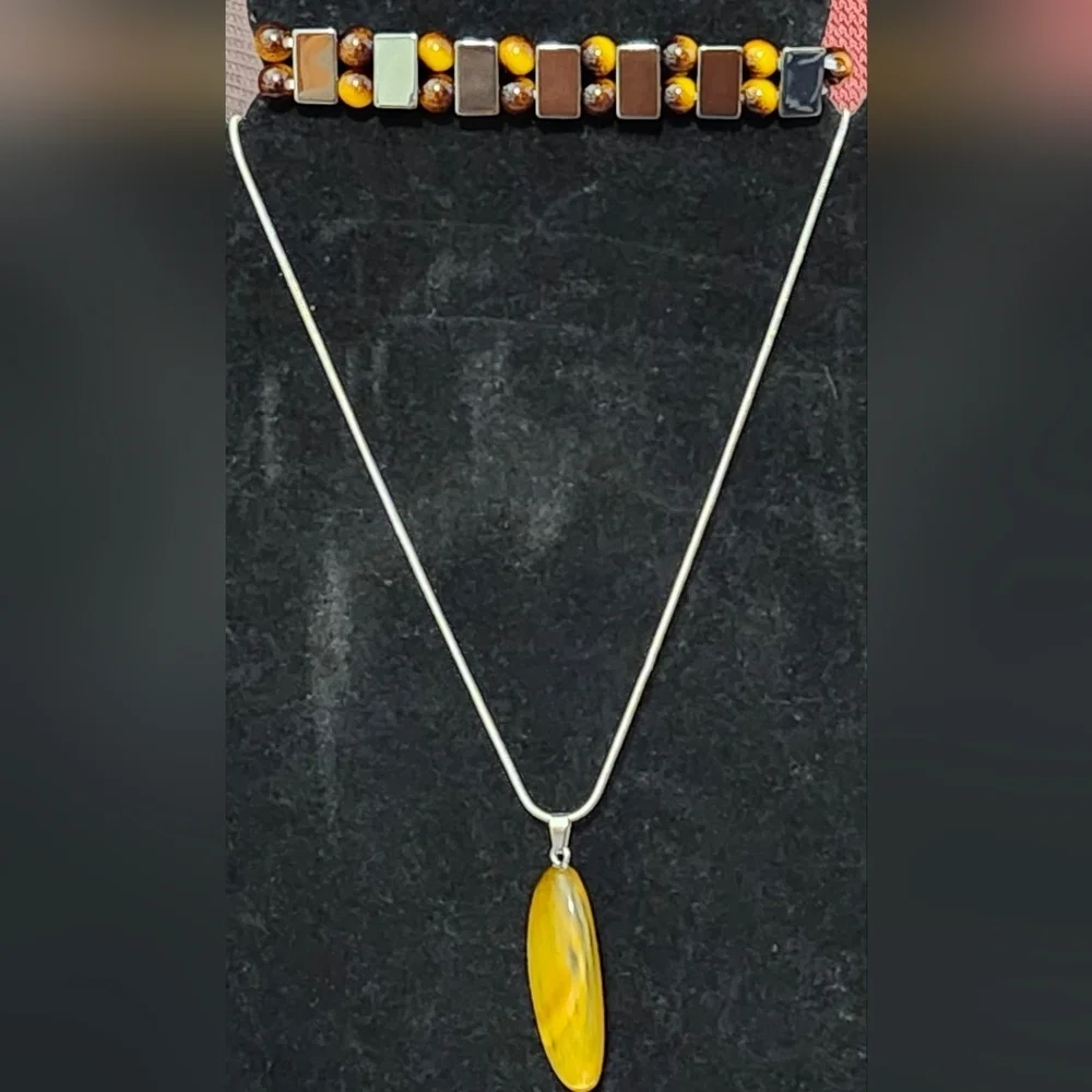 2pc .925 Silvery Chain W- Natural Tiger's Eye Quartz Pendant & Handmade Bracelet